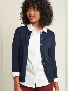 ModCloth Navy Blue Cardigan Rainbow Colored Buttons Women L  Teacher Colorful